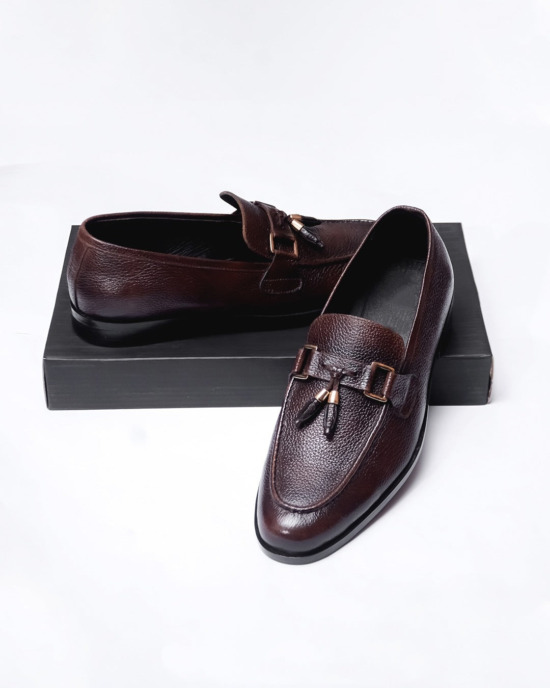 Textured Leather Loafers With Gold-Tipped Tassels