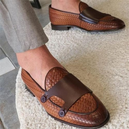 Woven Leather Double Strap Loafers