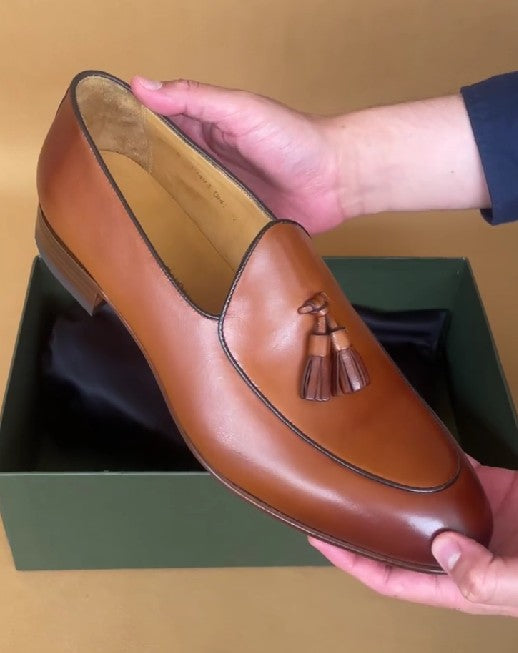 Mens Leather Tassels Loafers Belgian Dress Shoes
