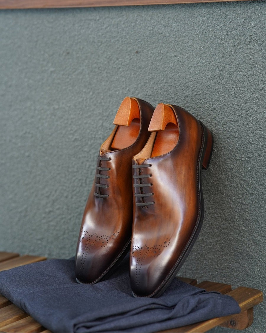 Men's Handmade Leather Oxford Whole-Cut Brogue Lace Up Shoes