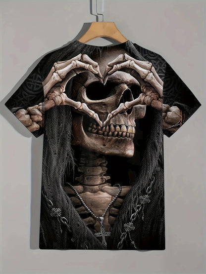 Gothic Skull Heart Hands Graphic Black T-Shirt