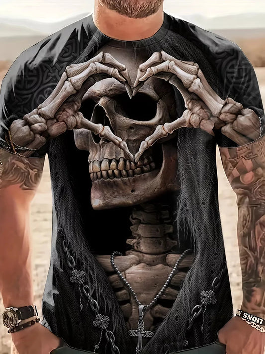 Gothic Skull Heart Hands Graphic Black T-Shirt