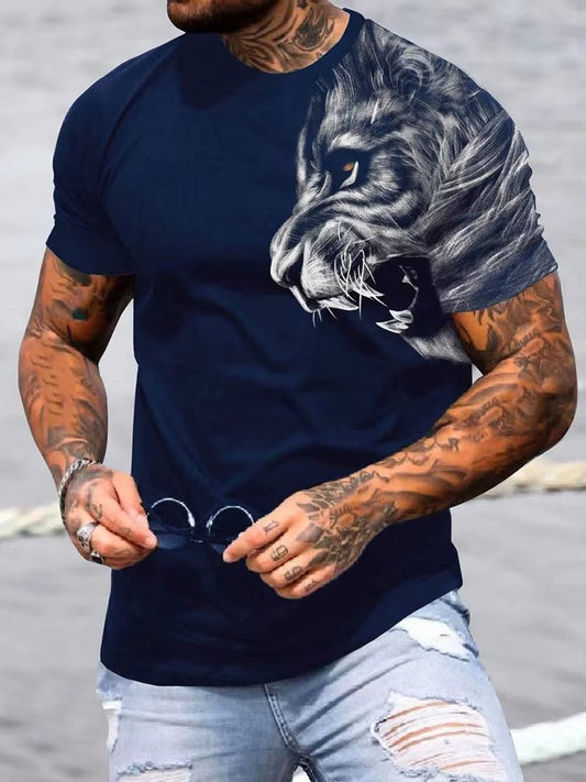 3D Printed Lion Head Round Neck Short Sleeve T-Shirt