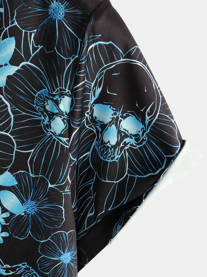 Men's Casual Blue Floral Skull Print Cool Button Short Sleeve Shirt