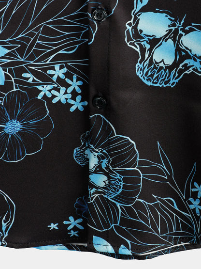 Men's Casual Blue Floral Skull Print Cool Button Short Sleeve Shirt