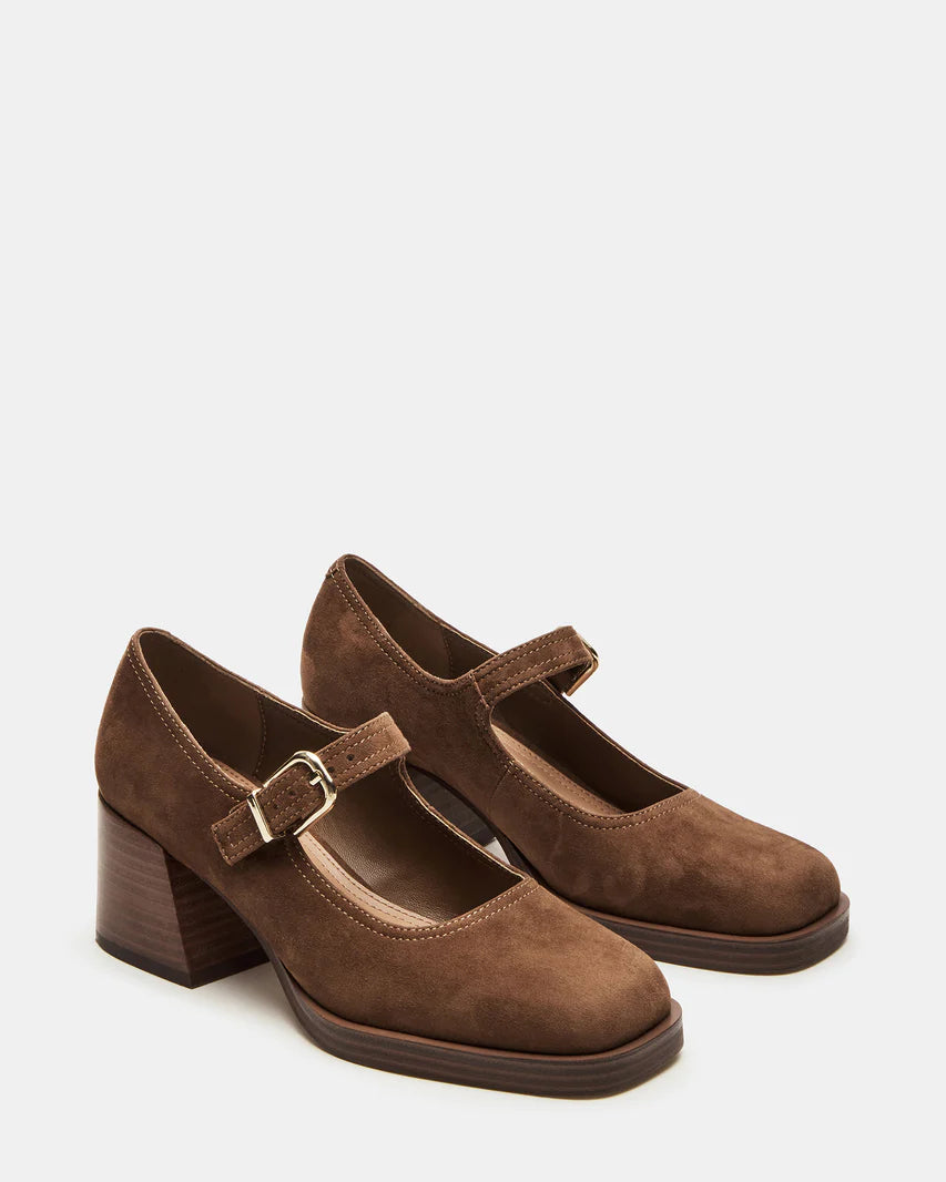 Chestnut Suede Block Heel Mary Janes Loafers