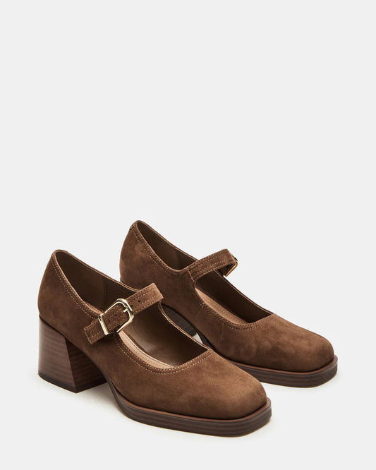 Chestnut Suede Block Heel Mary Janes Loafers