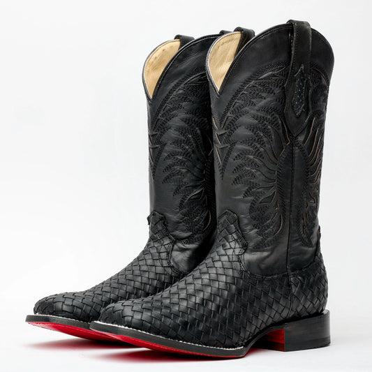 Square Toe Black Basketweave Leather Boots