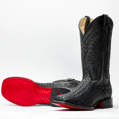 Square Toe Black Basketweave Leather Boots