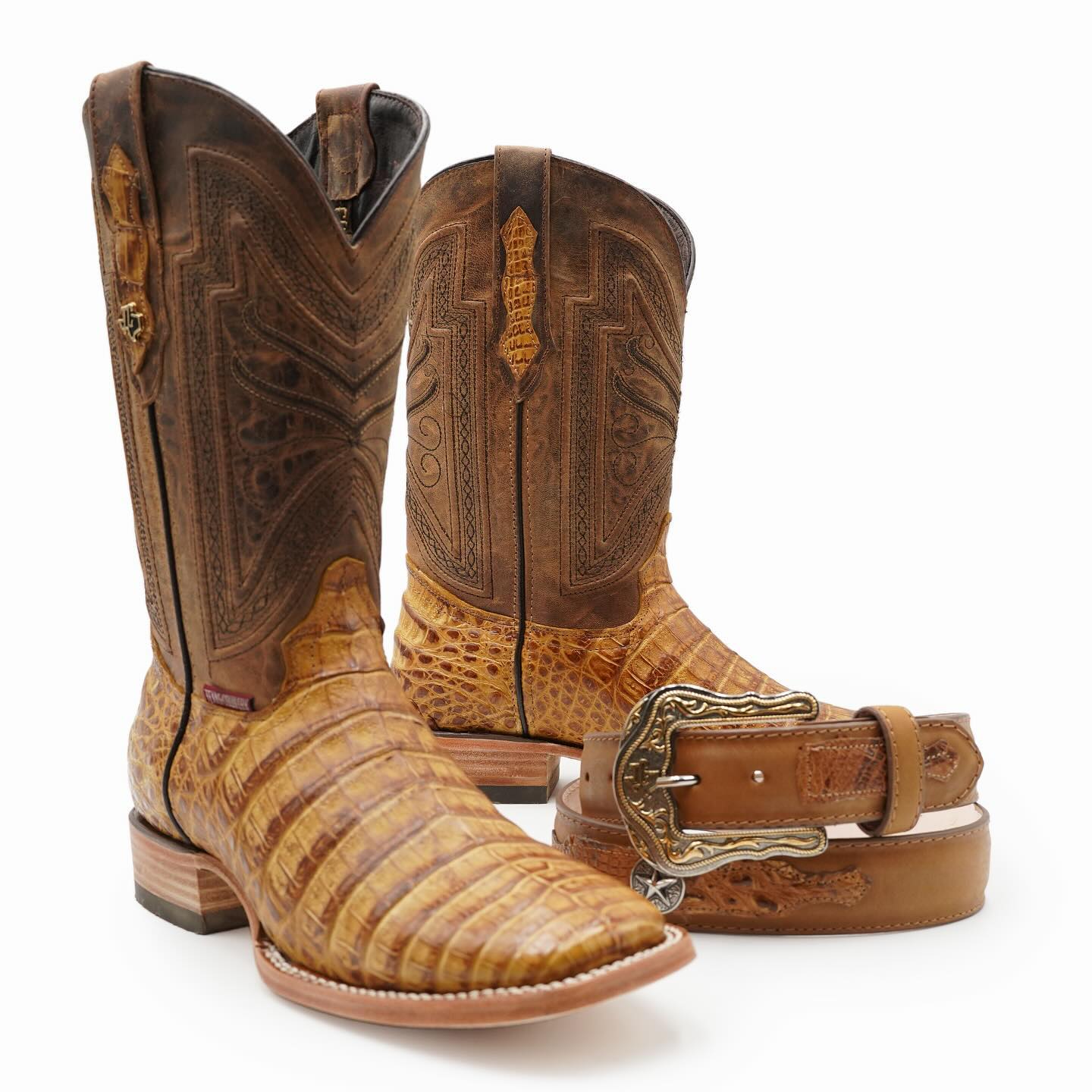 Crocodile Embossed Leather Square Toe Cowboy Boots