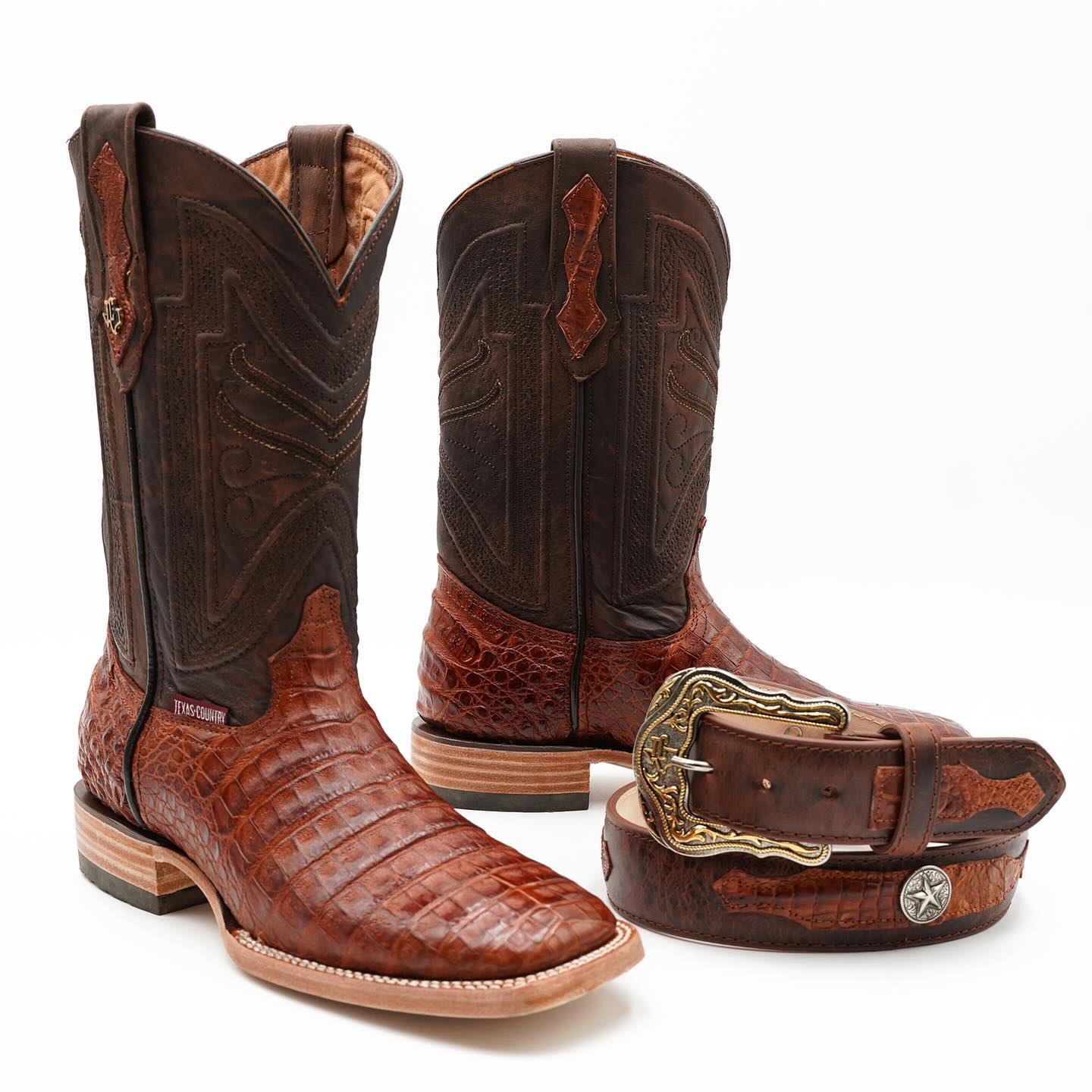 Crocodile Embossed Leather Square Toe Cowboy Boots