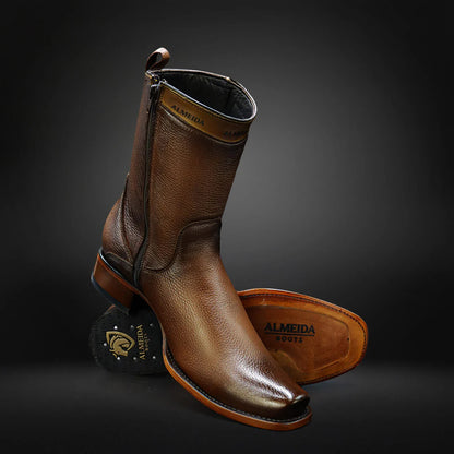 Square-toe Lychee Leather Cowboy Boots
