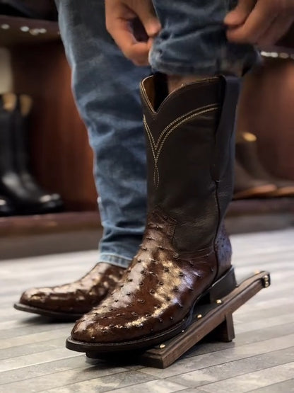 Simple Embroidered Ostrich Leather Western Boots