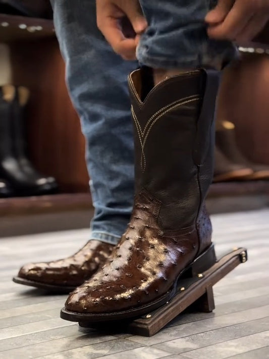 Simple Embroidered Ostrich Leather Western Boots