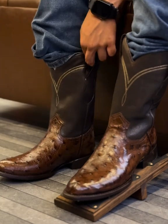 Simple Embroidered Ostrich Leather Western Boots