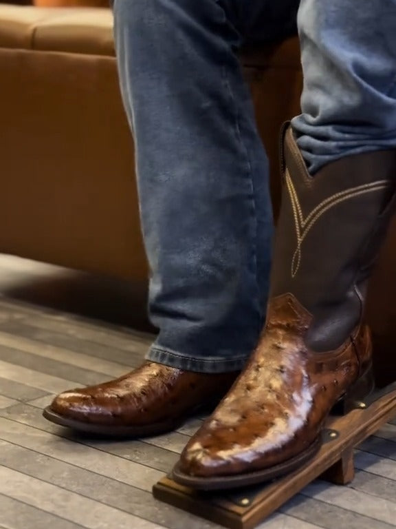 Simple Embroidered Ostrich Leather Western Boots