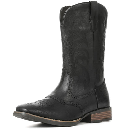 Square Toe Western Embroidered Pull On Cowboy Boots