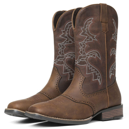 Square Toe Western Embroidered Pull On Cowboy Boots