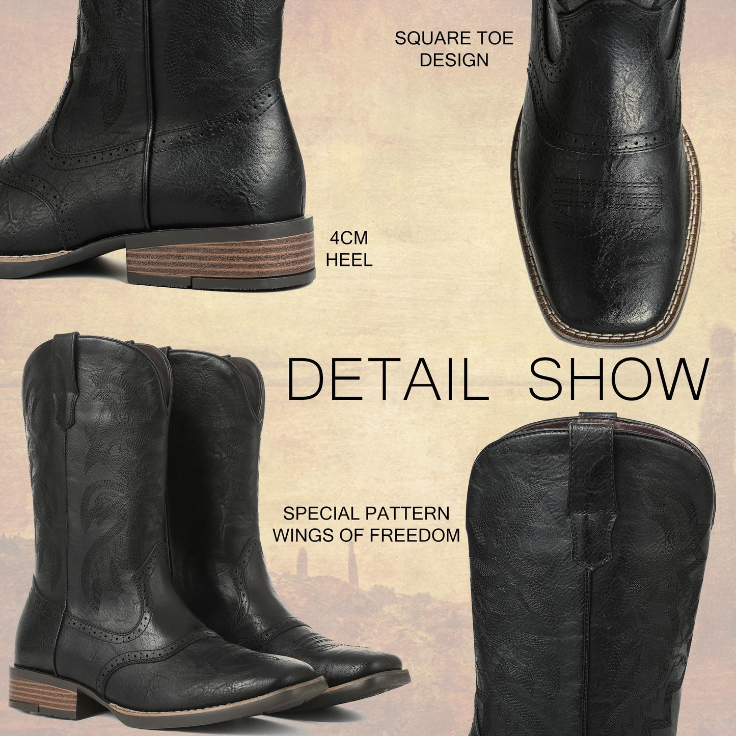 Square Toe Western Embroidered Pull On Cowboy Boots