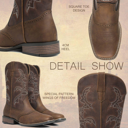 Square Toe Western Embroidered Pull On Cowboy Boots