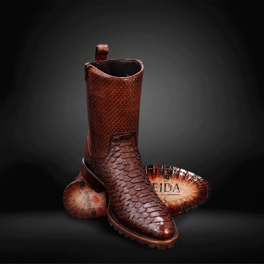 Woven Pattern Embossed Tube Python Cowboy Boots