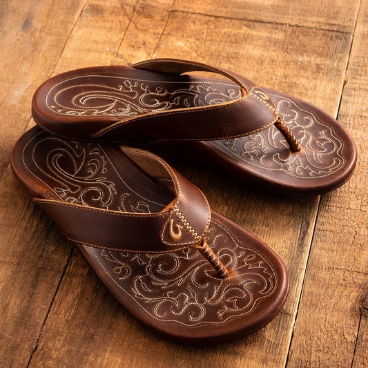 Men's Leather Embroidered Flip-flops
