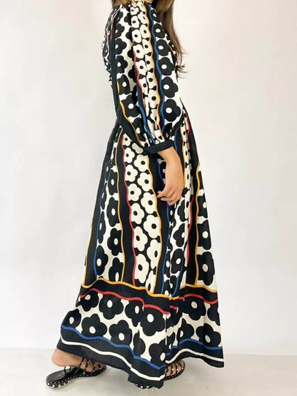 Fashion Elegant Deep V-Neck Printed Long Sleeve Dress