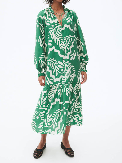 Ruffled Stand-up Collar Printed Dress