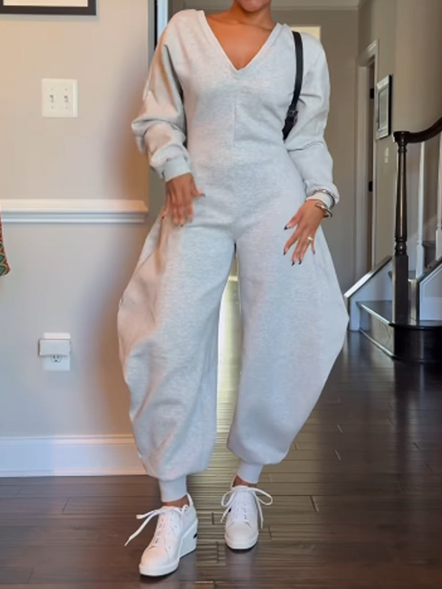 Deep V Neck Long Sleeve Jumpsuit