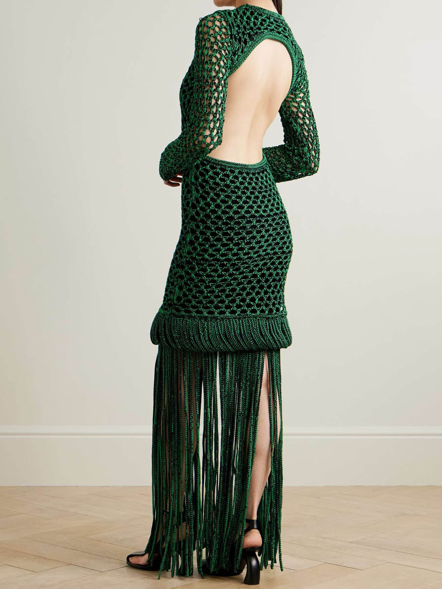 Open-back Crocheted Tassel Hem Dress