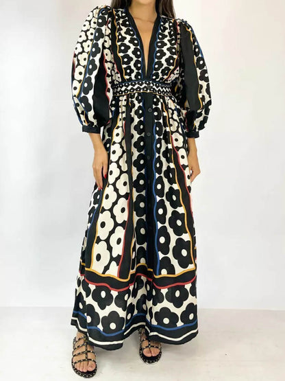 Fashion Elegant Deep V-Neck Printed Long Sleeve Dress