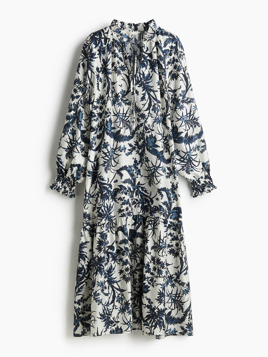 Ruffled Stand-up Collar Printed Dress