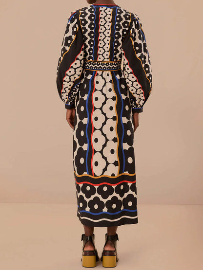 Fashion Elegant Deep V-Neck Printed Long Sleeve Dress