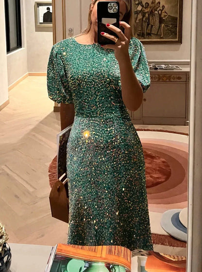 Sequined Velvet Long Sleeve Puff Sleeve Dress