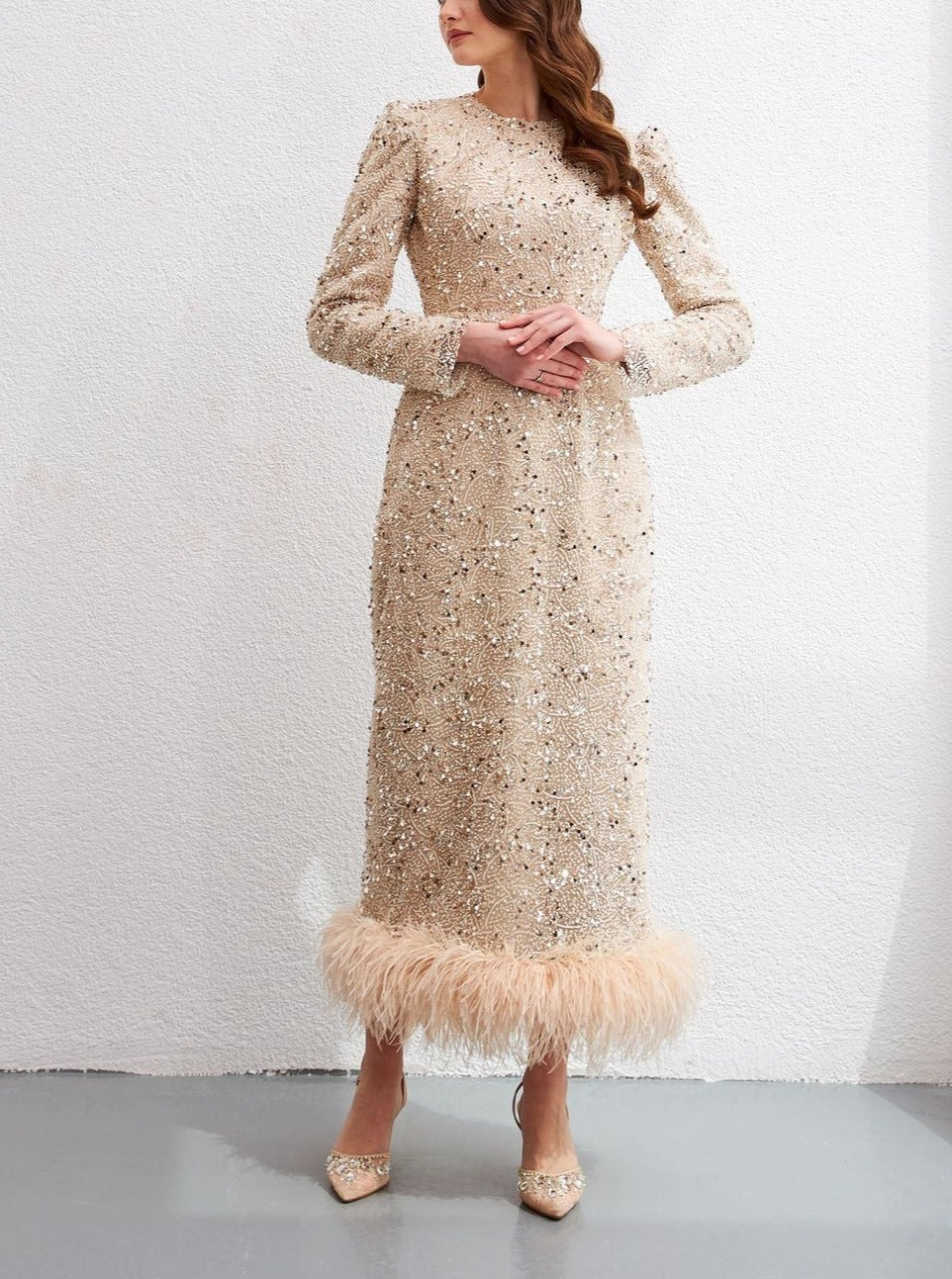 Sequined Feather Slim Dress