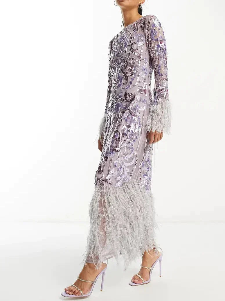 Sequin Fringe Trim Long Sleeve Cocktail Dress