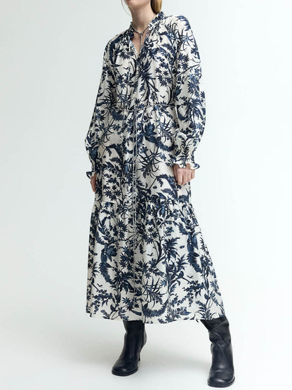 Ruffled Stand-up Collar Printed Dress