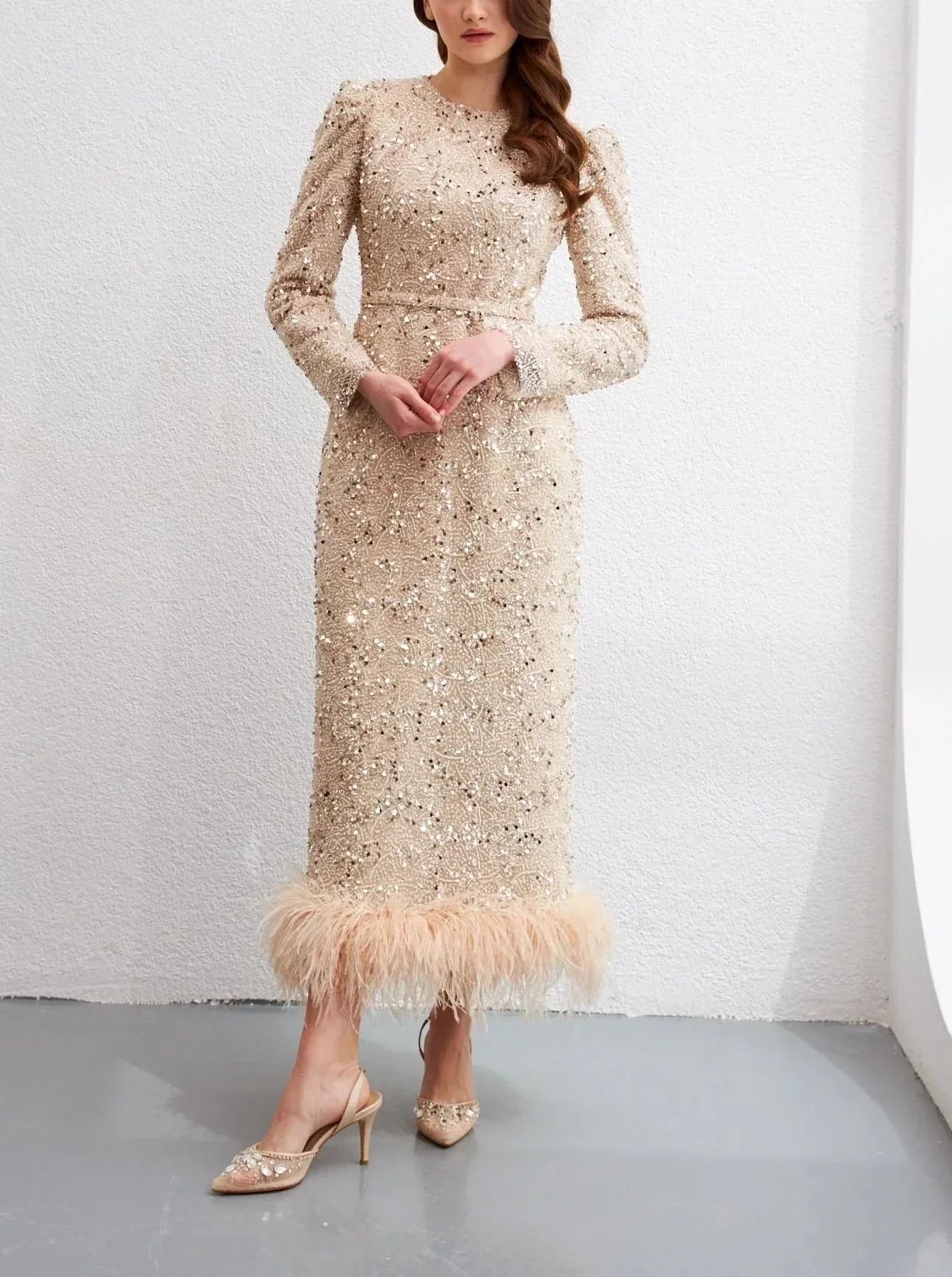 Sequined Feather Slim Dress