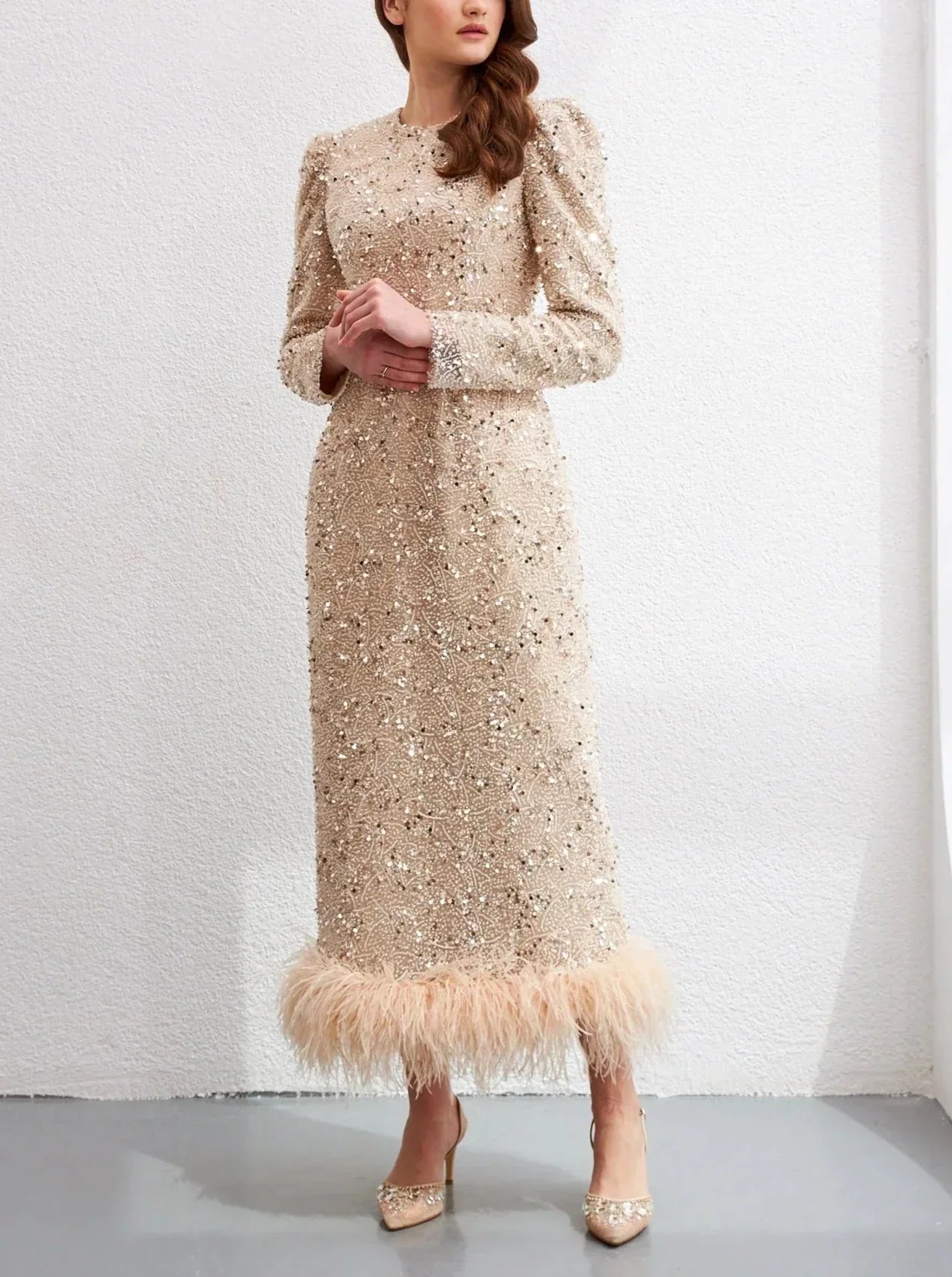 Sequined Feather Slim Dress