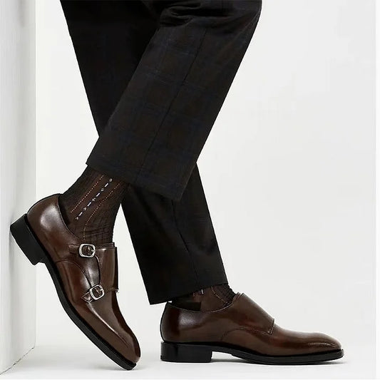 Brown Double Monk Strap Leather Shoes