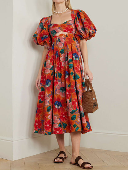 Floral-print Cutout Pleated Dress