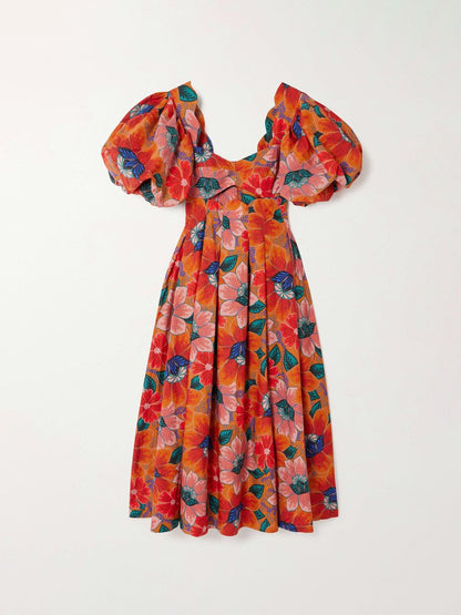 Floral-print Cutout Pleated Dress