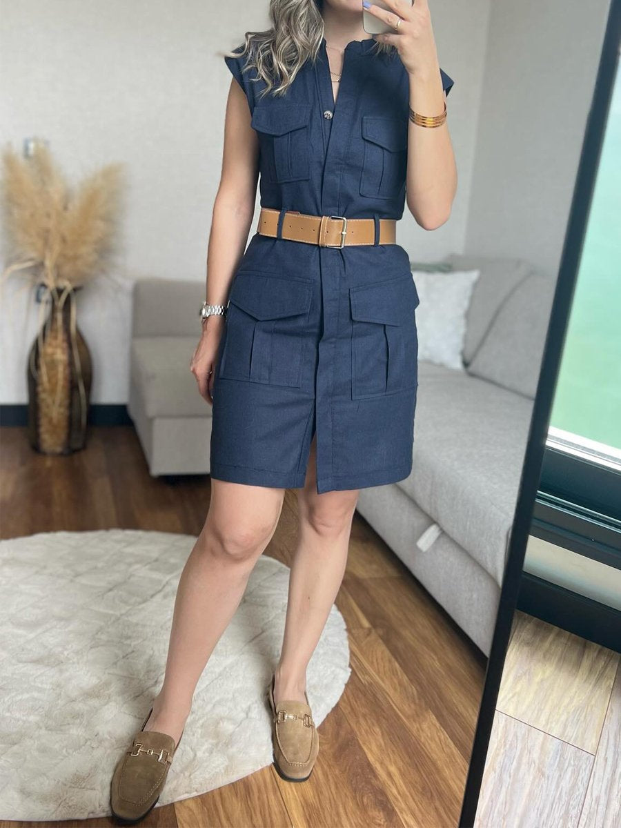 Sleeveless Solid Pockets Mini Dress