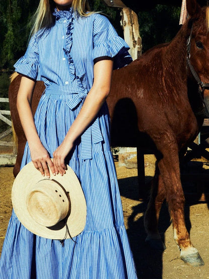 Striped Flounce Lace-up Dress