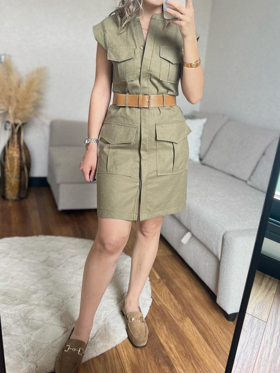 Sleeveless Solid Pockets Mini Dress