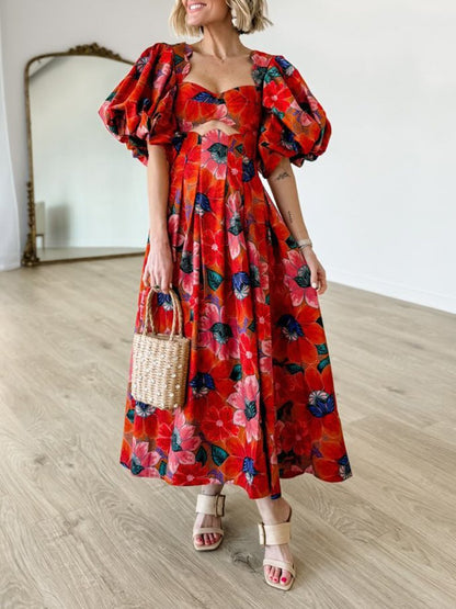 Floral-print Cutout Pleated Dress