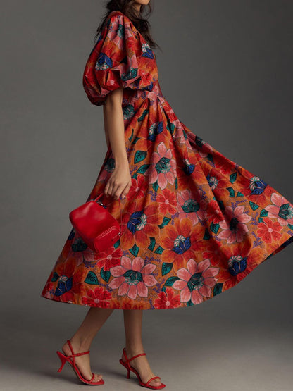 Floral-print Cutout Pleated Dress