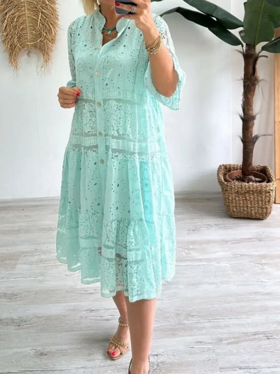 Lace Button Up Solid Loose Dress